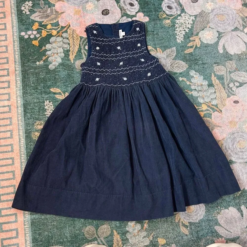 Jacadi Paris Dress Girls 6A Blue Embroidered Sleeveless Corduroy Cotton Smocked
